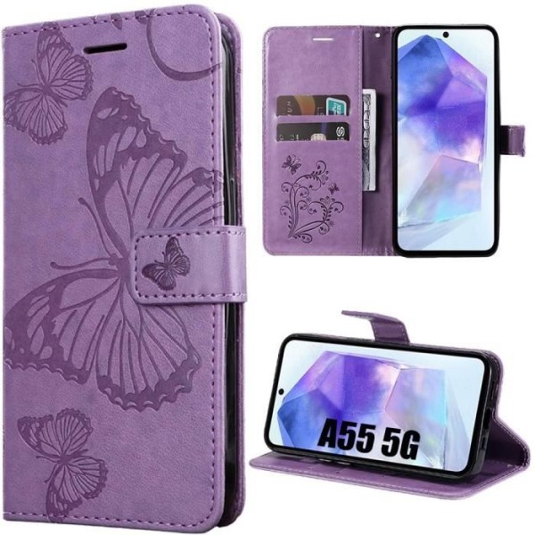 Fodral för Samsung Galaxy A05s (ej för A05), Stötsäkert konstläder med kortficka, fjärilsmönster, lila Lila
