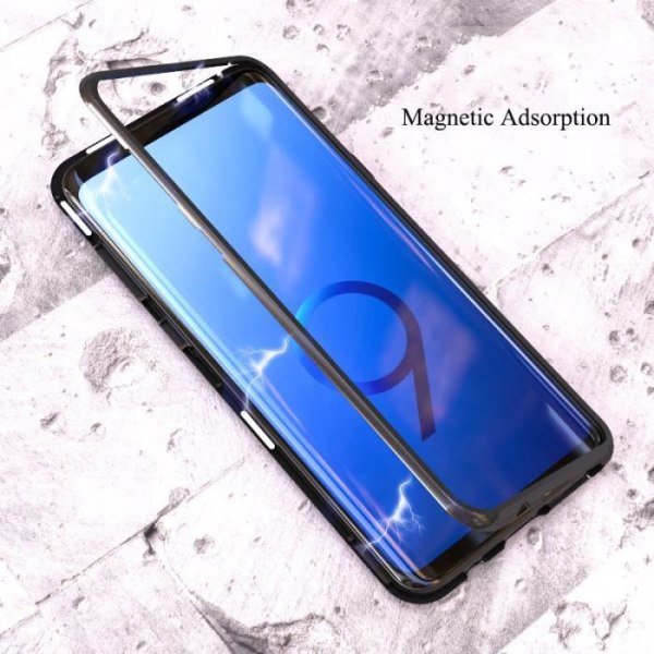 Magnetisk adsorptionstelefonfodral för Samsung Galaxy S9 Plus Bumper i härdat glas Svart Transparent
