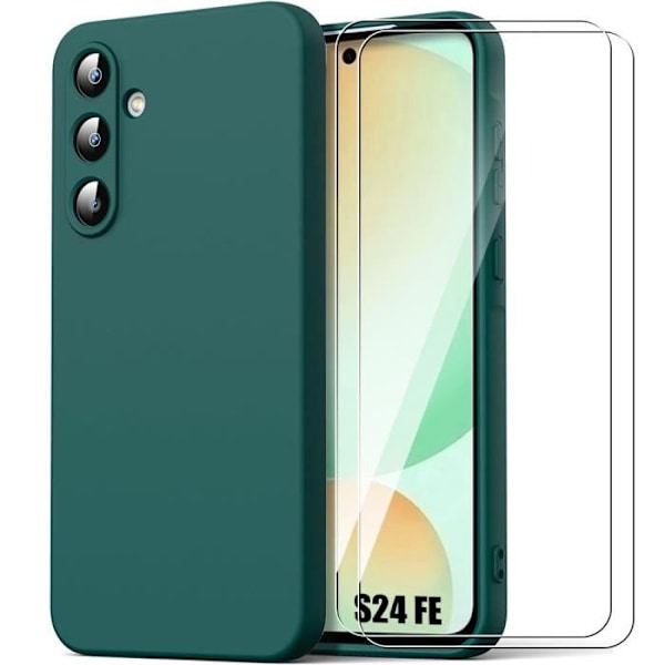 Fodral + 2 härdade glasögon för Samsung Galaxy S24 FE (ej för S24), Mjukt silikonskydd Smal anti-skrap midnattsgrön