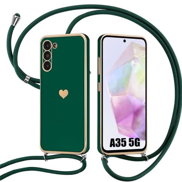Coque design - Booling - för Samsung Galaxy A35 5G - Silikon - Kärleksmönster - Justerbart snöre Nattgrönt
