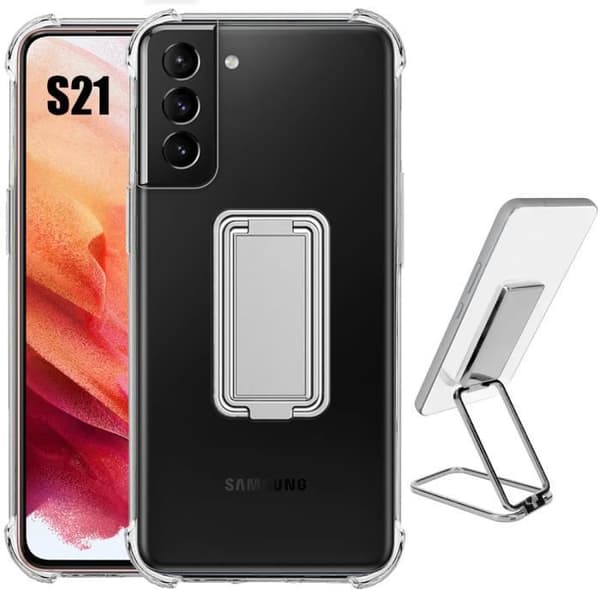 Silikonfodral för Samsung Galaxy S21 Stötsäkert Soft Slim med metallfällbart stativ transparent-silver
