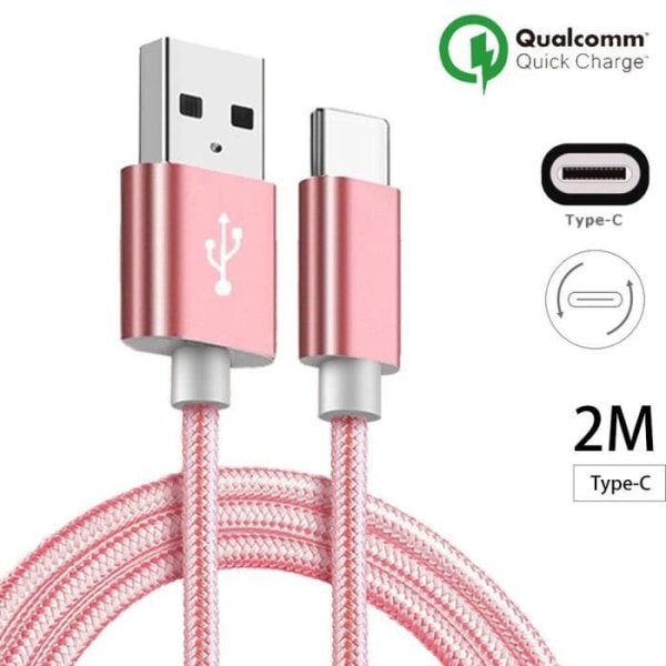 USB Typ C-kabel, 2M - Rosa nylon