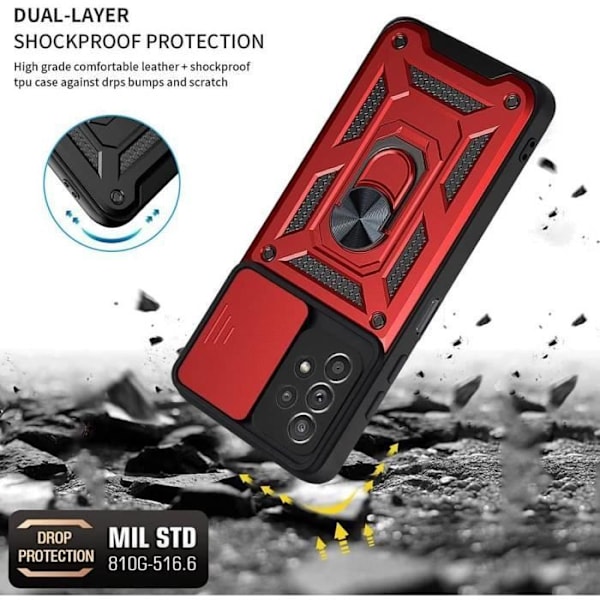 Rött skyddsfodral med 2 härdade glasögon för Samsung A32 5G - PROSHOP - Army Style - Sliding Camera Röd