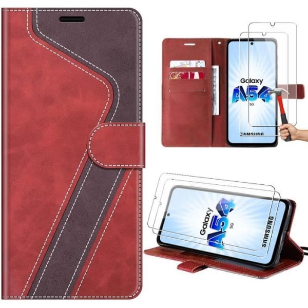 Skyddsskal - BOOLING - Samsung Galaxy A54 5G - Läderlook - Stylerat mönster - 2 härdade glas Rödbrun