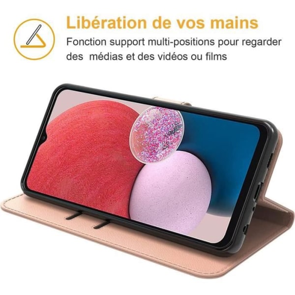 Fodral för Samsung A23 5G + 2 härdade glasögon, rosa lädereffektskydd Magnetisk stängning Rosa