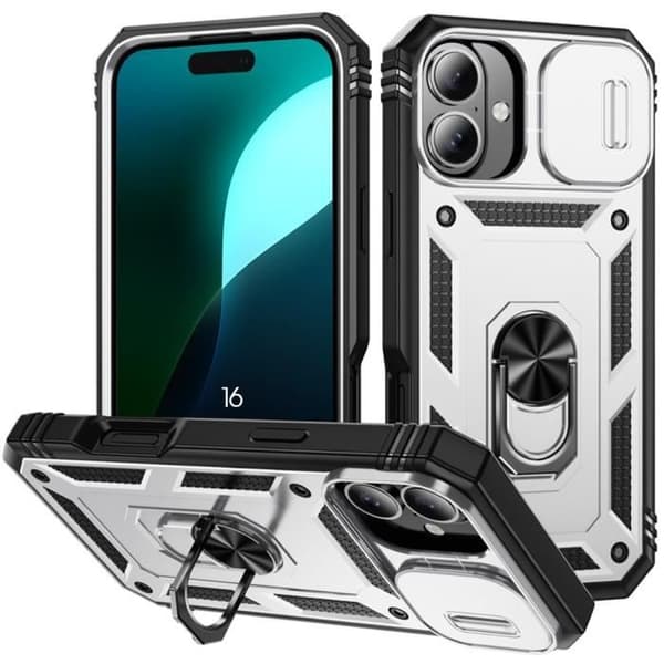 Skyddsskal - Stötsäker - för iPhone 16 - Silver - Hård - Glidande kameraskydd Silver
