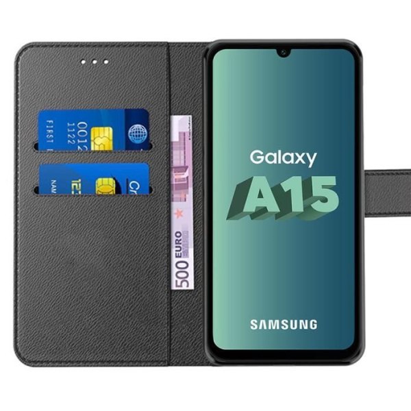 Skyddsfodral - Samsung - Galaxy A15 - Svart PU-läder - Kortfickor - 2 Härdade glas Svart