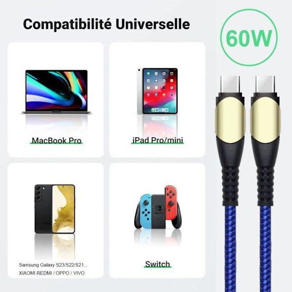 USB-C till USB-C Snabb Laddningskabel 60W för Xiaomi Redmi 14C 13C 12 10C 9 9T - Flätad Nylon 1M Blå Blå