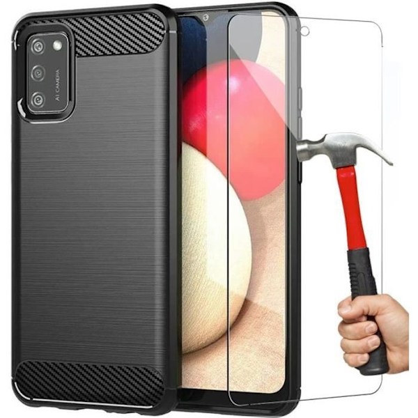 Etui til Samsung A02S (6,5") Indeholder 2 bløde hærdede briller Carbon Fiber Design Protection Black Svart