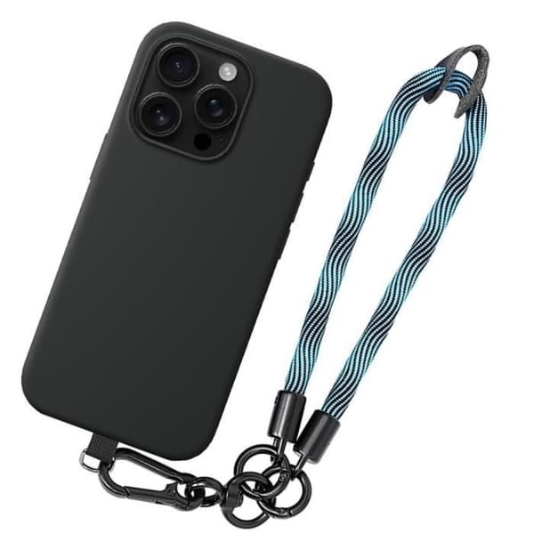 Coque - BOOLING - för iPhone 16 Pro Max - Svart Silikon - Stötresistent - Blå Rem 30cm Mörkblå
