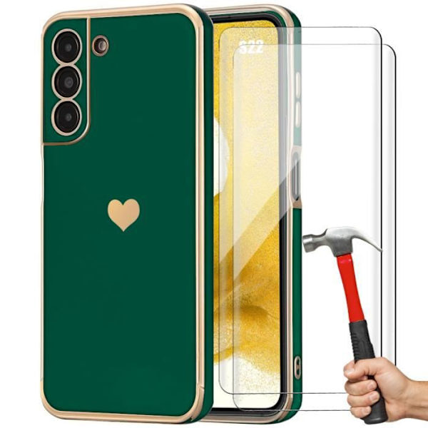 TPU-fodral för Samsung Galaxy S22 Midnight Green Heart Pattern + 2 härdade glasögon Stötsäkert skydd