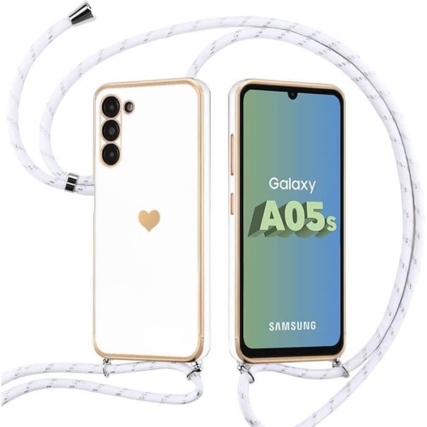 Fodral för Samsung Galaxy A05s (ej för A05), Stötsäkert silikonfodral med rem, design med hjärtmönster, vit