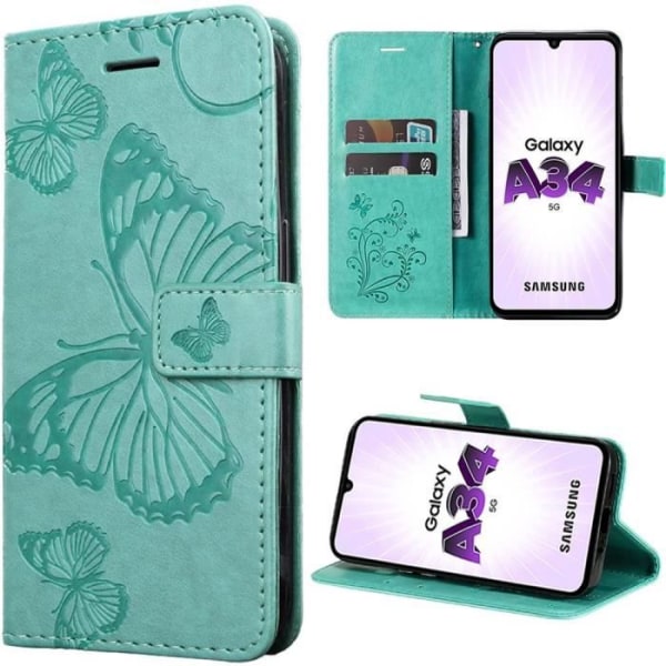 Fodral för Samsung Galaxy A34 5G, Anti-Rapskydd Lädereffekt Gröna fjärilar tryckt