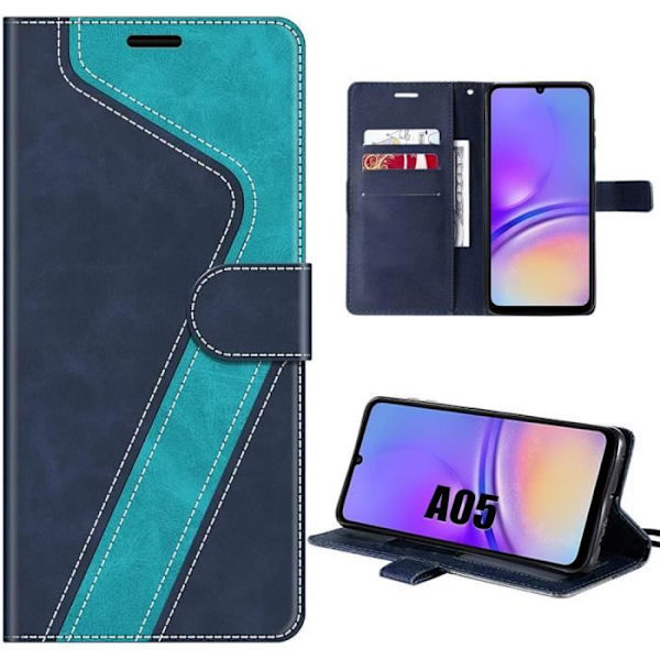 Samsung Galaxy A05-fodral, blått, PU-läder och TPU-skydd med kortficka och stöd (ej för A05s) Blå