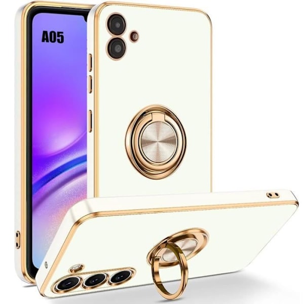 Fodral för Samsung Galaxy A05 (ej för A05s), stötsäkert silikonskydd, roterande ringhållare med pläterad kant, vit