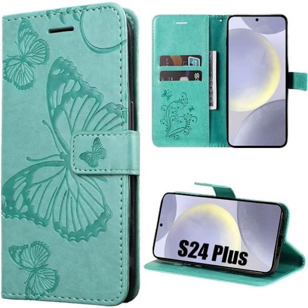 Coque för Samsung Galaxy S24 Plus - BOOLING - Stötabsorberande PU-läder med fjärilsmönster - Grön Grön