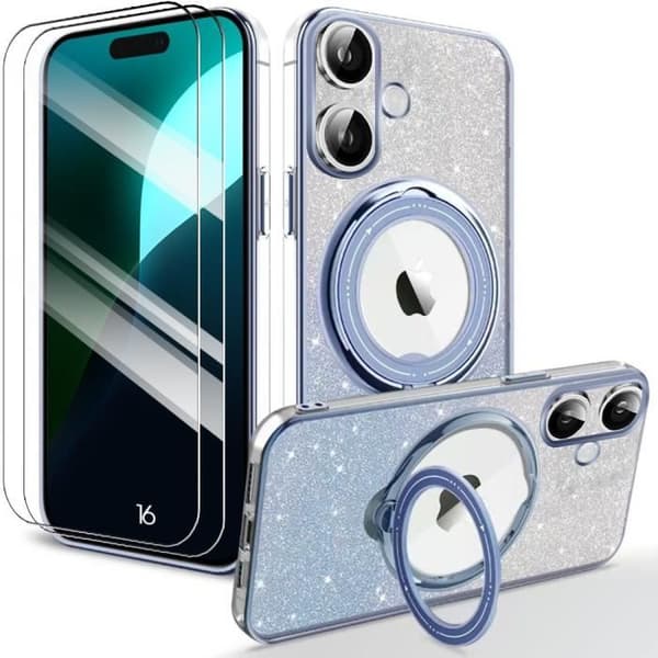Skyddsskal - BOOLING - för iPhone 16 - Silikon - Magnetiskt stativ - 2 härdade glas Blå