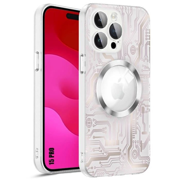 Fodral till iPhone 15 Pro - Genomskinlig stötsäker med magnetisk cirkel och bakre kameraskydd - tryckt kretsmönster Genomskinlig