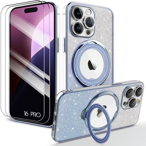 Skyddsskal - Silikon - för iPhone 16 Pro - Magnetstöd - 2 härdade glas - Glittrande blå Blå