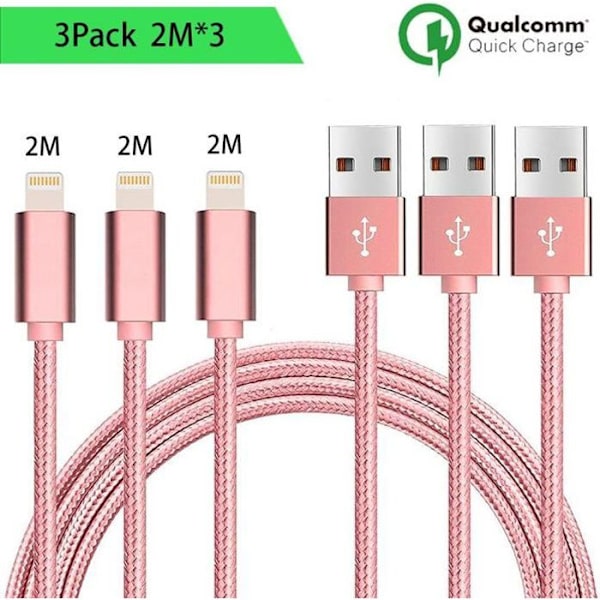 Kabel för iPhone - E.F.CONNECTION - 3-pack - 2M - Nylon - Rosa