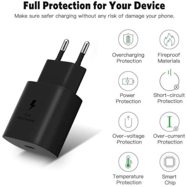 Snabb USB-C-laddare 25W - E.F.CONNECTION - Svart - Kompatibel med Samsung Galaxy S22/S23 - Snabbladdning - Säker Svart