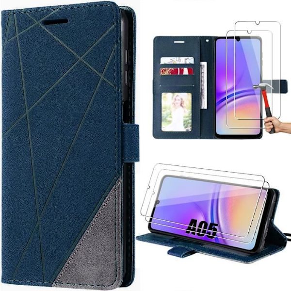 Fodral för Samsung Galaxy A05 med 2 härdat glas, stötsäkert med kortficka Lädereffekt Marinblå (ej för A05) marinblå