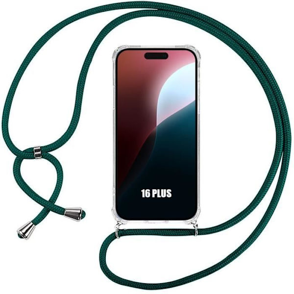 Sladdfodral till iPhone 16 Plus - Stötsäkert transparent skydd + midnattsgrön sladd