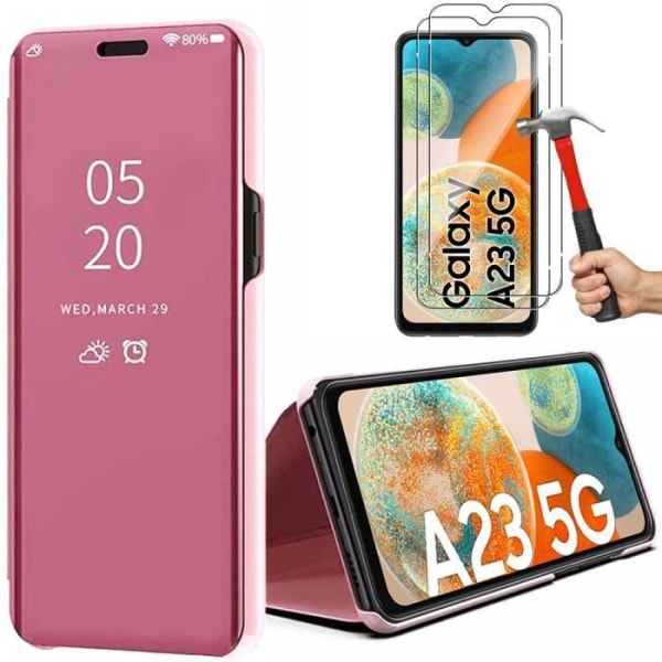 Fodral för Samsung A23 5G + 2 härdade glasögon Trendig design Spegeleffekt Anti-chockskydd Rosa Rosa