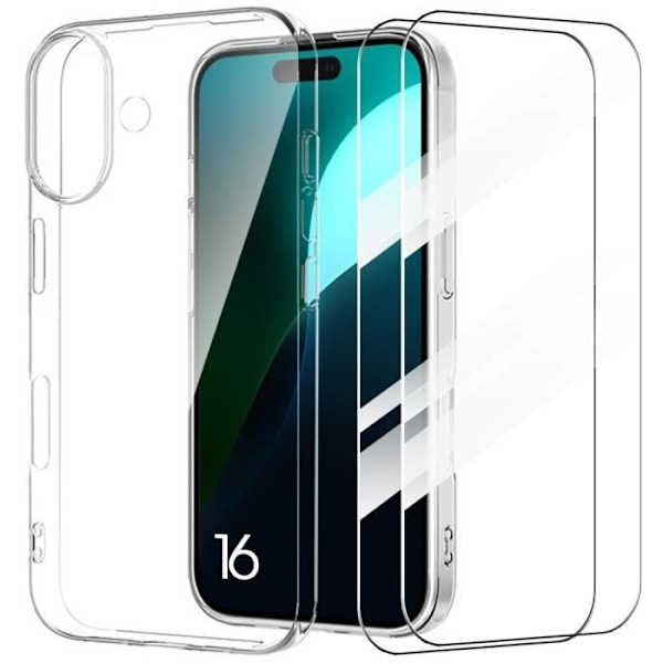 Skyddsskal - BOOLING - iPhone 16 - Mjuk silikon - Transparent - 2 Härdat glas Transparent