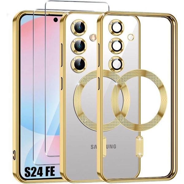 Coque för Samsung Galaxy S24 FE - med Guld Magnetisk Ring + 2 Härdat Glas - BOOLING® Transparent, guld