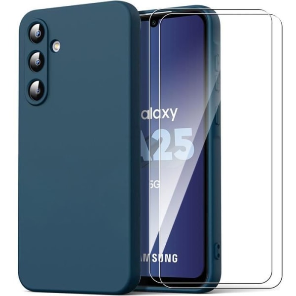 Fodral och 2 härdade glasögon för Samsung Galaxy A25 5G - Ultra Slim Flytande Silikonskydd Marinblå marinblå