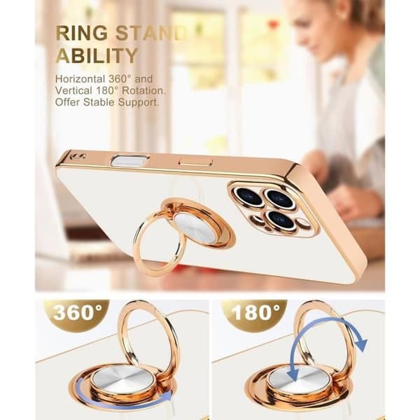 Silikonskal - Elegant - för iPhone 16 Pro Max - Mjuk - Stötsäker - 360° roterande ring Vit