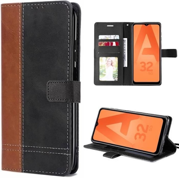 Coque Flip Case - BOOLING - för Samsung Galaxy A32 5G - Anti-Rip - Syntetiskt läder Brun-Svart kastanj