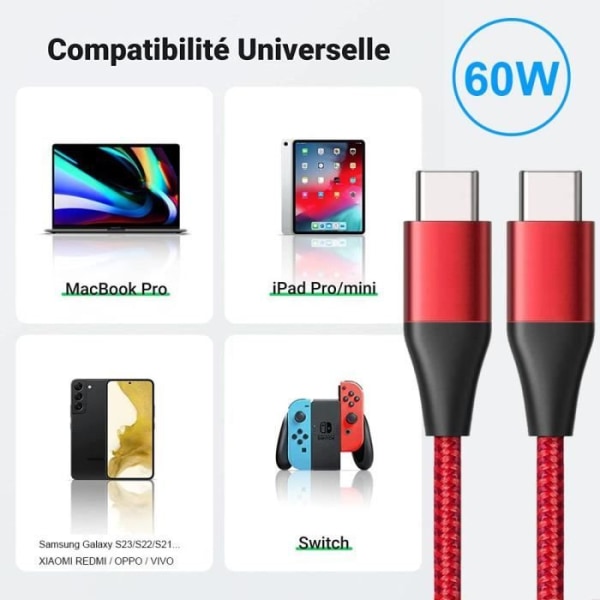 2 USB-C till USB-C-kabel för iPhone 15, iPhone 15 Plus, iPhone 15 Pro, iPhone 15 Pro Max - Förstärkt nylon 1 meter röd