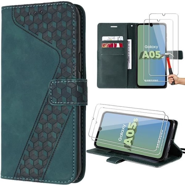 Skyddsfodral - Samsung - Galaxy A05s - Pr präglat PU-läder - Fria händer-stöd - 2 Härdat glas Nattgrönt