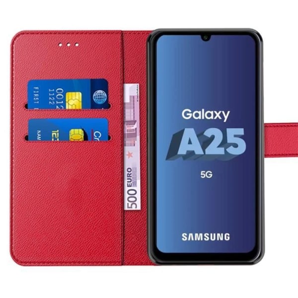 Beskyttelsesskal - Samsung - Galaxy A25 5G - Stødabsorberende - PU Læder - Tempered Glass Röd