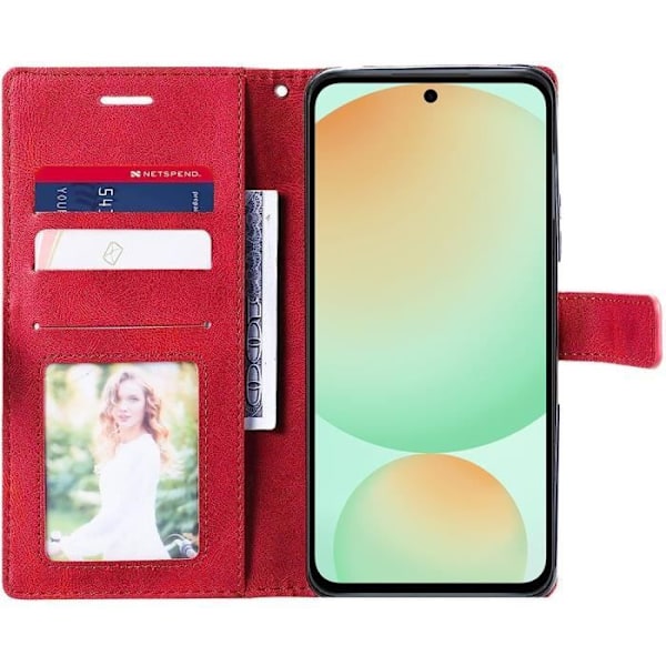 Fodral för Samsung Galaxy S24 FE (ej för S24) med 2 härdade glasögon, helsyntetläderröd