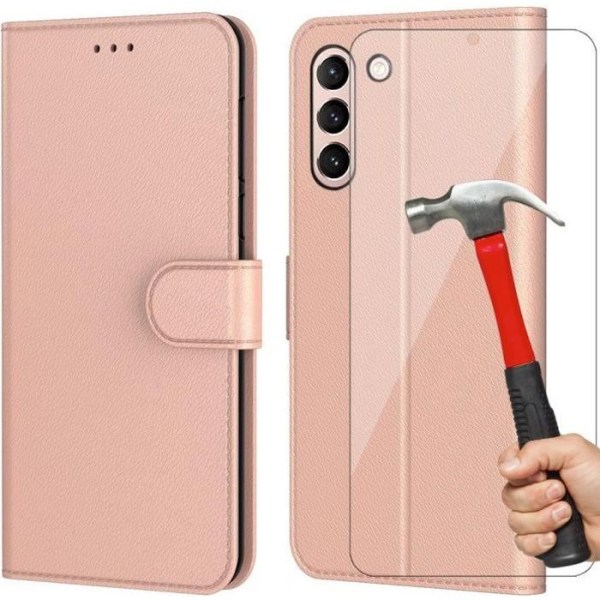 Coque för Samsung S21 FE (6,4") + 2 Härdade Glas, Rosa Represistent Skal Enfärgad Läder Effekt Rosa