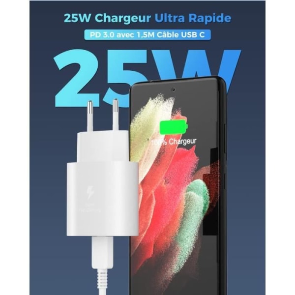 Chargeur rapide 25w + câble Usb-c Usb-c pour Samsung S21 Fe 5g / S21 / S20  Fe / S20 / Note 20 / A52 / A72