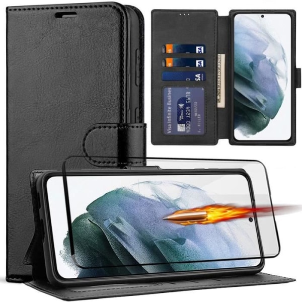 Packfodral för Samsung Galaxy S22 Plus + Helhärdat glas 3D Lädereffektplånbok Svart