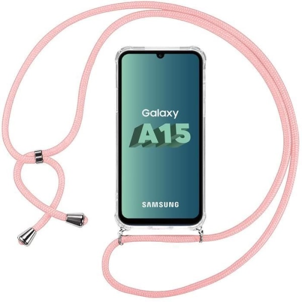 Crossbody-fodral för Samsung Galaxy A15 5G-4G, anti-skrapa mjukt silikonskydd + rosa axelrem