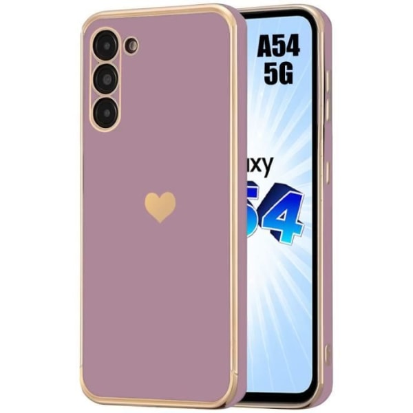 Fodral till Samsung Galaxy A54 5G, stötsäkert hybrid silikonskydd med pläterat och guld hjärta kärleksmönster - lila