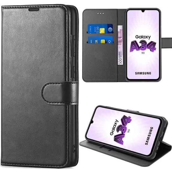Fodral till Samsung Galaxy A34 5G Skyddsflik Lädereffekt Anti-Scratch Svart