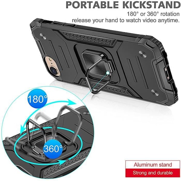 Fodral för iPhone 8/7, stötsäkert skyddsfodral av militärklass, fodral med 360 graders roterande metallring svart