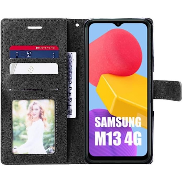 Fodral för Samsung Galaxy M13 med 2 härdade glasögon, helt stötsäkert syntetiskt läder svart-brunt