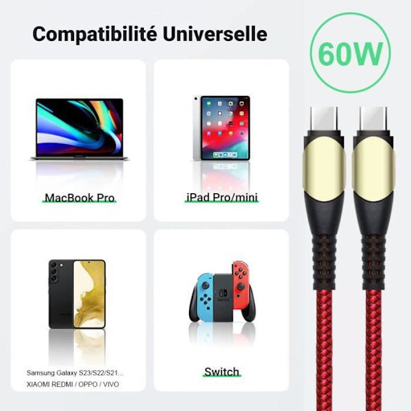 2 USB-C till USB-C Snabbladdningskabel 60W för Samsung Galaxy S25 S24 S23 Ultra S23+ S22 5G S22 Plus S21 FE - Nylon 1 Meter Röd Röd