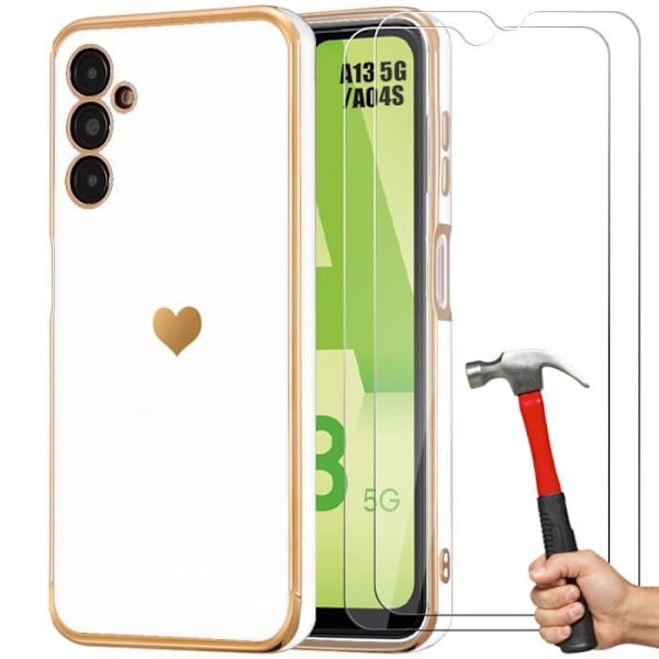 Fodral till Samsung Galaxy A13 5G / Galaxy A04s vitt skydd Stötsäkert hjärtmönster + 2 härdade glasögon