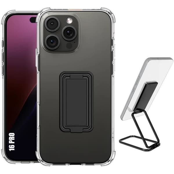 Fodral för iPhone 16 Pro - Silikon - Transparent - Stötdämpande - Fällbart Stöd - Förstärkta Hörn Transparent