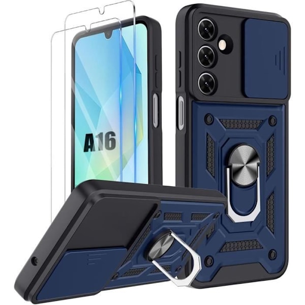Fodral för Samsung Galaxy A16 4G-5G Marinblå + 2 härdade glasögon, stötsäkert, repfritt hårt fodral