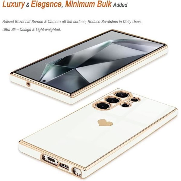 Silikonfodral för Samsung Galaxy S24 Ultra, vitt skyddande hjärtmönster Anti-skrapa Mjuk TPU + 2 härdade glasögon